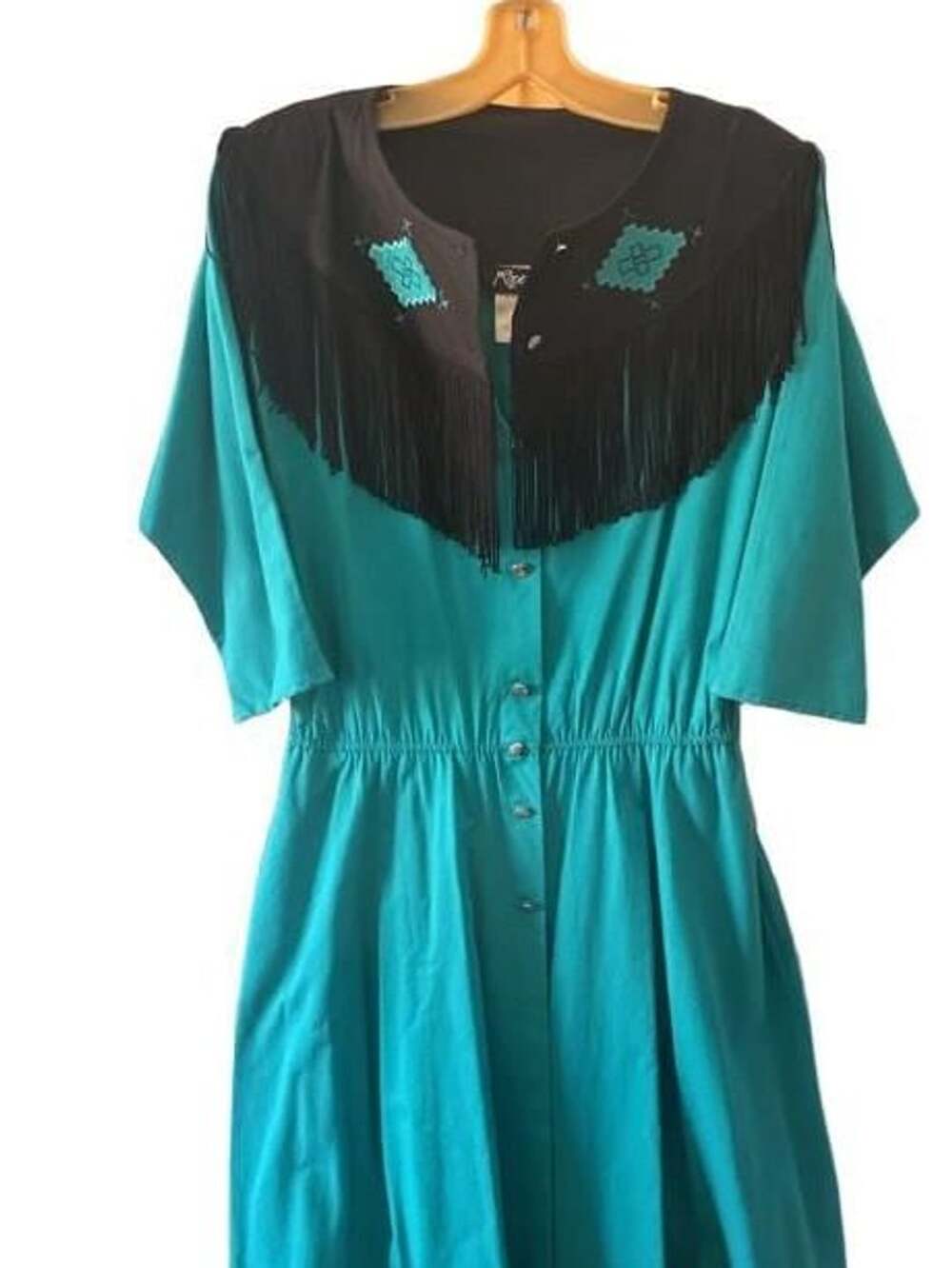 Vintage Roper Western Dress Size Large Teal Blue Fringe Aztec Accent